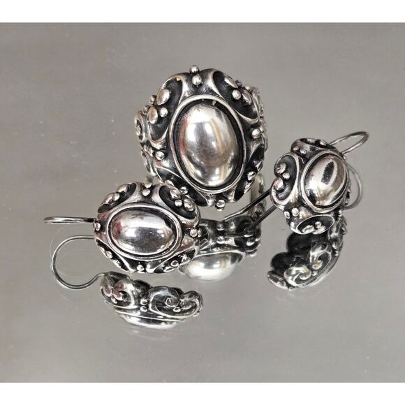 Vintage Solid Sterling Silver Oval Cabochon Ornate Ring & Earrings Set Ring SZ 8 - Picture 1 of 10